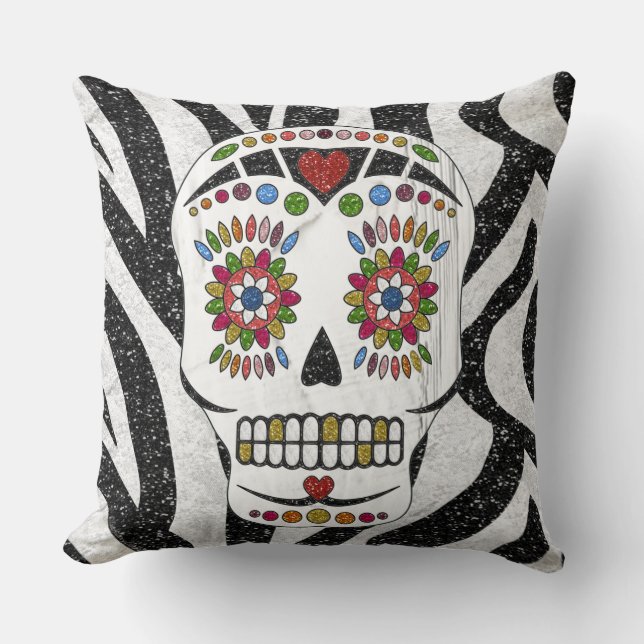 RAB Rockabilly Sugar Skull op Zebra Print Kussen (Voorkant)