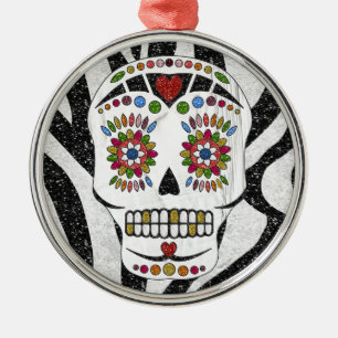 RAB Rockabilly Sugar Skull op Zebra Print Metalen Ornament