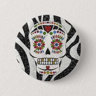 RAB Rockabilly Sugar Skull op Zebra Print Ronde Button 5,7 Cm