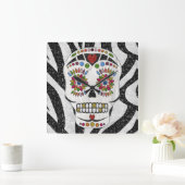 RAB Rockabilly Sugar Skull op Zebra Print Vierkante Klok (Huis)