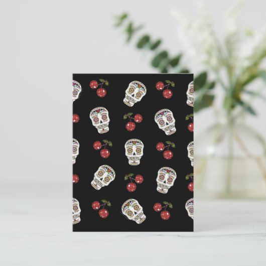RAB Rockabilly Sugar Skulls Cherries on Black Briefkaart (Staand voorkant)