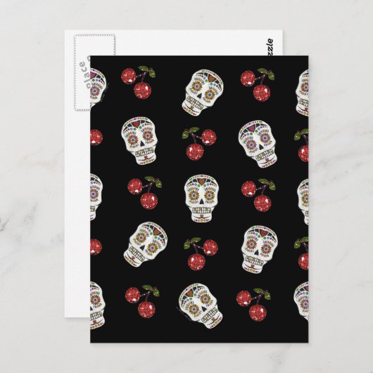 RAB Rockabilly Sugar Skulls Cherries on Black Briefkaart (Voorkant / Achterkant)