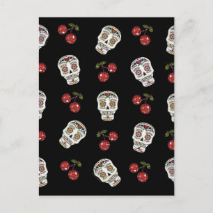 RAB Rockabilly Sugar Skulls Cherries on Black Briefkaart