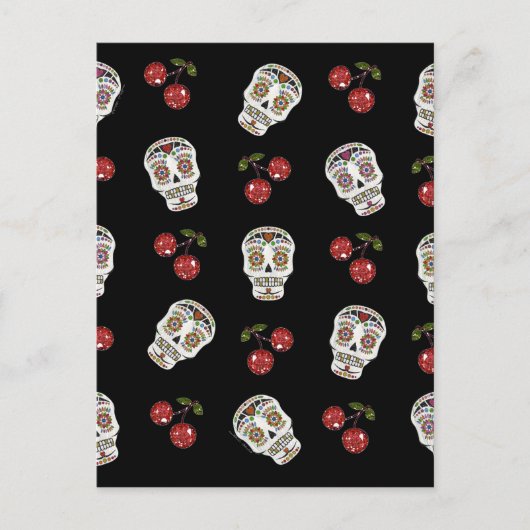 RAB Rockabilly Sugar Skulls Cherries on Black Briefkaart (Voorkant)