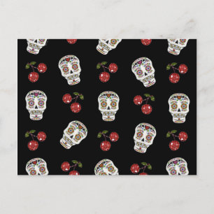 RAB Rockabilly Sugar Skulls Cherries on Black Briefkaart