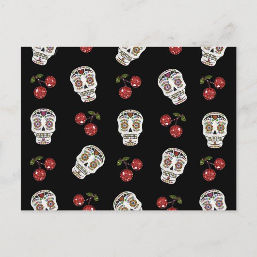 RAB Rockabilly Sugar Skulls Cherries on Black Briefkaart (Voorkant)