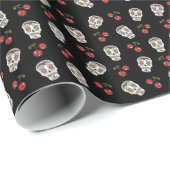 RAB Rockabilly Sugar Skulls Cherries on Black Cadeaupapier (Rol Hoek)
