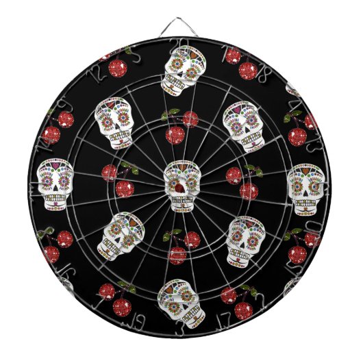 RAB Rockabilly Sugar Skulls Cherries on Black Dartbord (Voorkant)