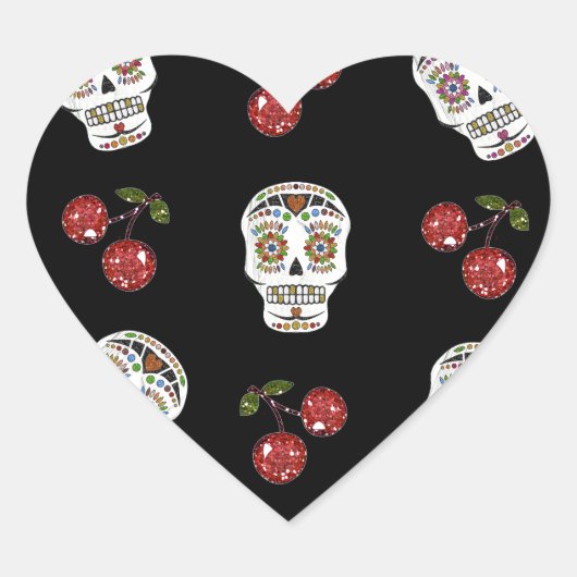 RAB Rockabilly Sugar Skulls Cherries on Black Hart Sticker (Voorkant)