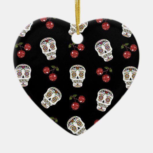 RAB Rockabilly Sugar Skulls Cherries on Black Keramisch Ornament (Voorkant)