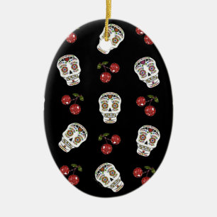 RAB Rockabilly Sugar Skulls Cherries on Black Keramisch Ornament