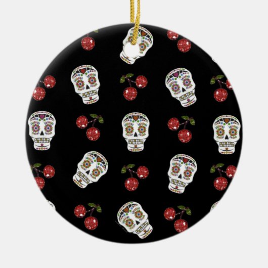 RAB Rockabilly Sugar Skulls Cherries on Black Keramisch Ornament (Voorkant)