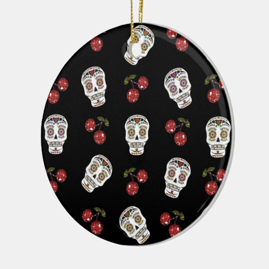 RAB Rockabilly Sugar Skulls Cherries on Black Keramisch Ornament (Links)