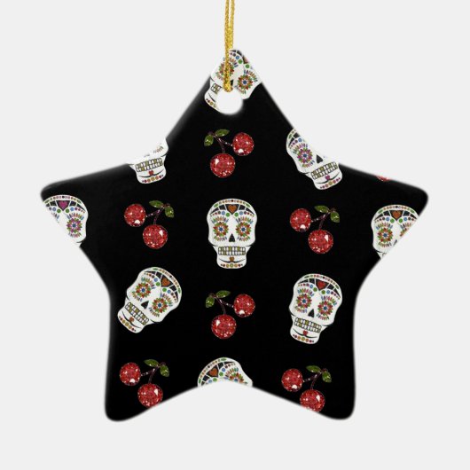 RAB Rockabilly Sugar Skulls Cherries on Black Keramisch Ornament (Voorkant)