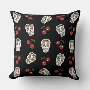 RAB Rockabilly Sugar Skulls Cherries on Black Kussen