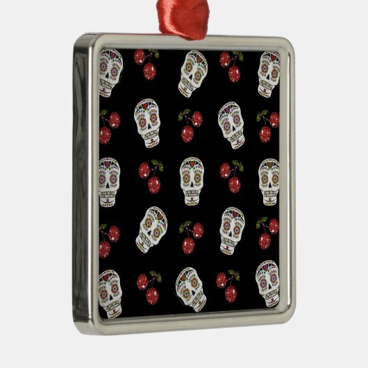 RAB Rockabilly Sugar Skulls Cherries on Black Metalen Ornament (Rechts)