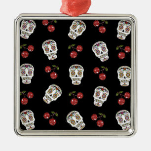 RAB Rockabilly Sugar Skulls Cherries on Black Metalen Ornament