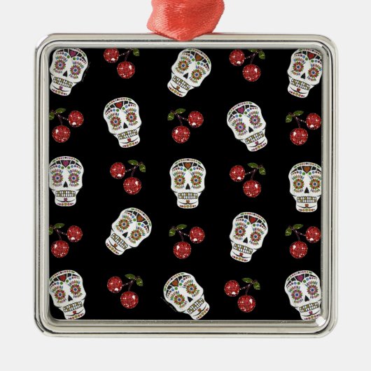 RAB Rockabilly Sugar Skulls Cherries on Black Metalen Ornament (Voorkant)