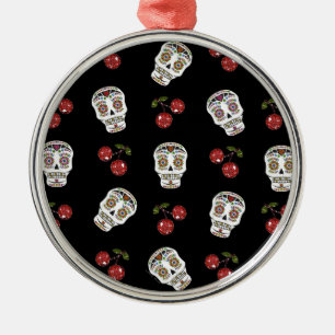RAB Rockabilly Sugar Skulls Cherries on Black Metalen Ornament
