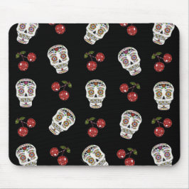 RAB Rockabilly Sugar Skulls Cherries on Black Muismat