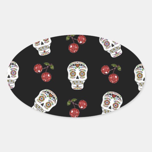 RAB Rockabilly Sugar Skulls Cherries on Black Ovale Sticker (Voorkant)