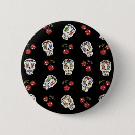 RAB Rockabilly Sugar Skulls Cherries on Black Ronde Button 5,7 Cm