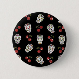 RAB Rockabilly Sugar Skulls Cherries on Black Ronde Button 5,7 Cm