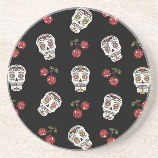 RAB Rockabilly Sugar Skulls Cherries on Black Zandsteen Onderzetter (Voorkant)