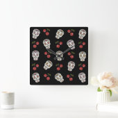 RAB Rockabilly Sugar Skulls Cherries op Black Vierkante Klok (Huis)
