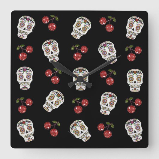 RAB Rockabilly Sugar Skulls Cherries op Black Vierkante Klok (Voorkant)