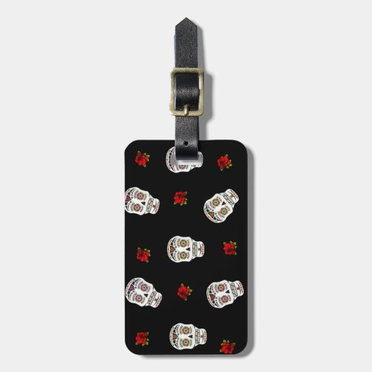 RAB Rockabilly Sugar Skulls Rozen op zwart Bagagelabel (Voorkant verticaal)