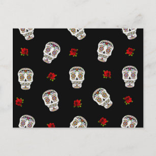 RAB Rockabilly Sugar Skulls Rozen op zwart Briefkaart