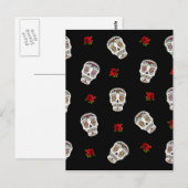 RAB Rockabilly Sugar Skulls Rozen op zwart Briefkaart (Voorkant / Achterkant)