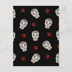 RAB Rockabilly Sugar Skulls Rozen op zwart Briefkaart