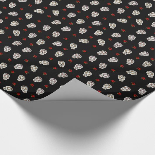 RAB Rockabilly Sugar Skulls Rozen op zwart Cadeaupapier (Hoek)