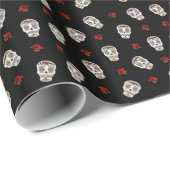 RAB Rockabilly Sugar Skulls Rozen op zwart Cadeaupapier (Rol Hoek)