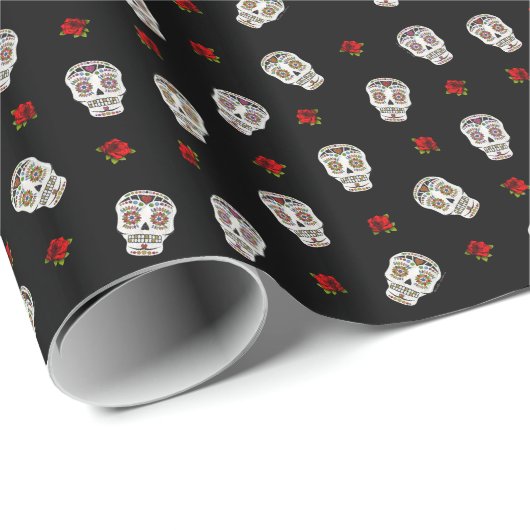 RAB Rockabilly Sugar Skulls Rozen op zwart Cadeaupapier (Rol Hoek)