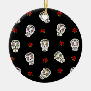 RAB Rockabilly Sugar Skulls Rozen op zwart Keramisch Ornament