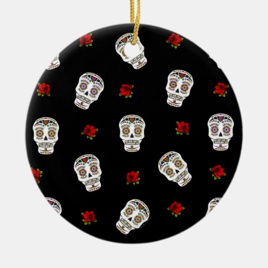 RAB Rockabilly Sugar Skulls Rozen op zwart Keramisch Ornament (Voorkant)