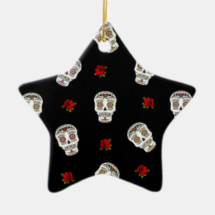RAB Rockabilly Sugar Skulls Rozen op zwart Keramisch Ornament