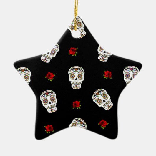 RAB Rockabilly Sugar Skulls Rozen op zwart Keramisch Ornament (Voorkant)