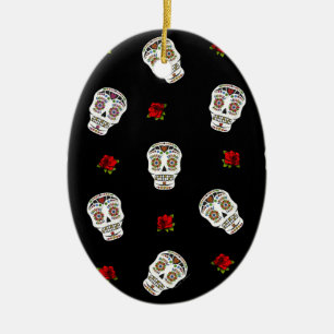 RAB Rockabilly Sugar Skulls Rozen op zwart Keramisch Ornament