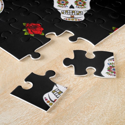 RAB Rockabilly Sugar Skulls Rozen op zwart Legpuzzel (Zijkant)