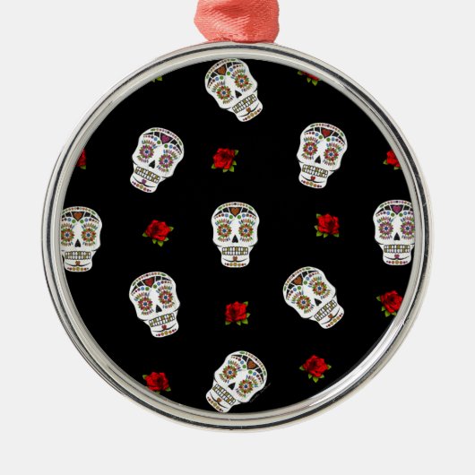 RAB Rockabilly Sugar Skulls Rozen op zwart Metalen Ornament (Voorkant)