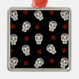 RAB Rockabilly Sugar Skulls Rozen op zwart Metalen Ornament