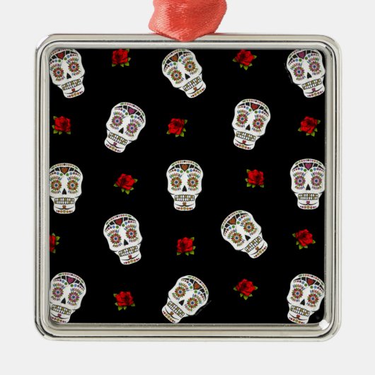 RAB Rockabilly Sugar Skulls Rozen op zwart Metalen Ornament (Voorkant)