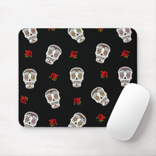 RAB Rockabilly Sugar Skulls Rozen op zwart Muismat (Met muis)