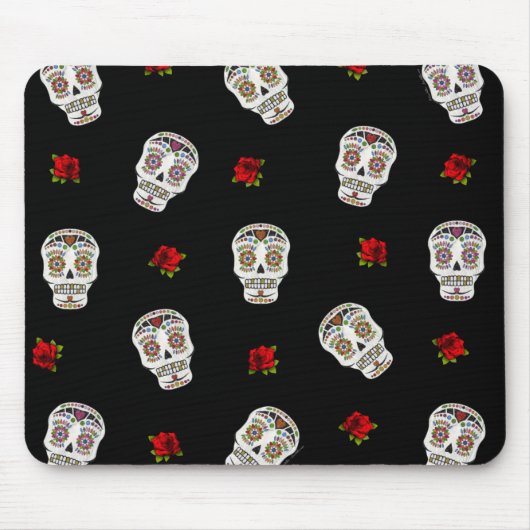 RAB Rockabilly Sugar Skulls Rozen op zwart Muismat (Voorkant)