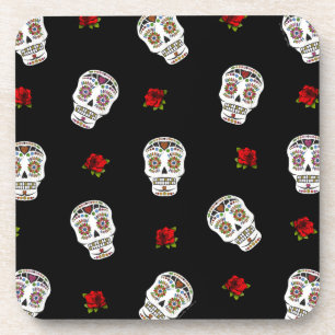 RAB Rockabilly Sugar Skulls Rozen op zwart Onderzetter
