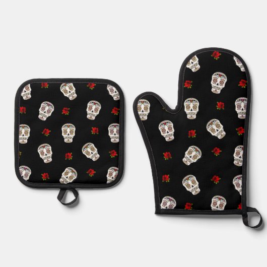 RAB Rockabilly Sugar Skulls Rozen op zwart Ovenwant & Pannenlap Set (Voorkant)